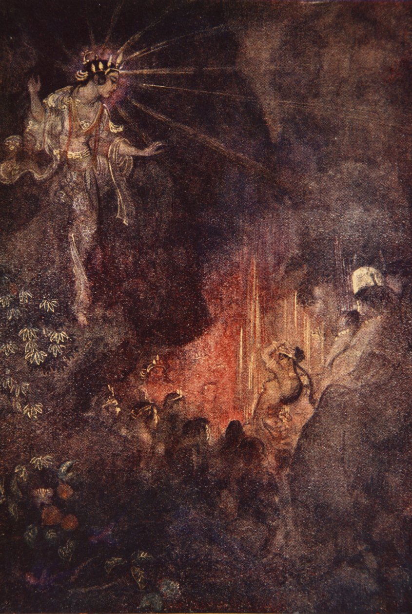 Uzuma herättää Ama-terasun uteliaisuuden, kuva F Hadland Davisin teoksesta "The Myths and Legends of Japan" tekijältä Evelyn Paul