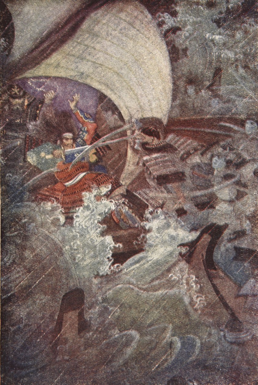 Taira-klaanin aavekomppania hyökkäsi Yoshitsuneen ja Benkein kimppuun, kuva F Hadland Davisin teoksesta "The Myths and Legends of Japan" tekijältä Evelyn Paul