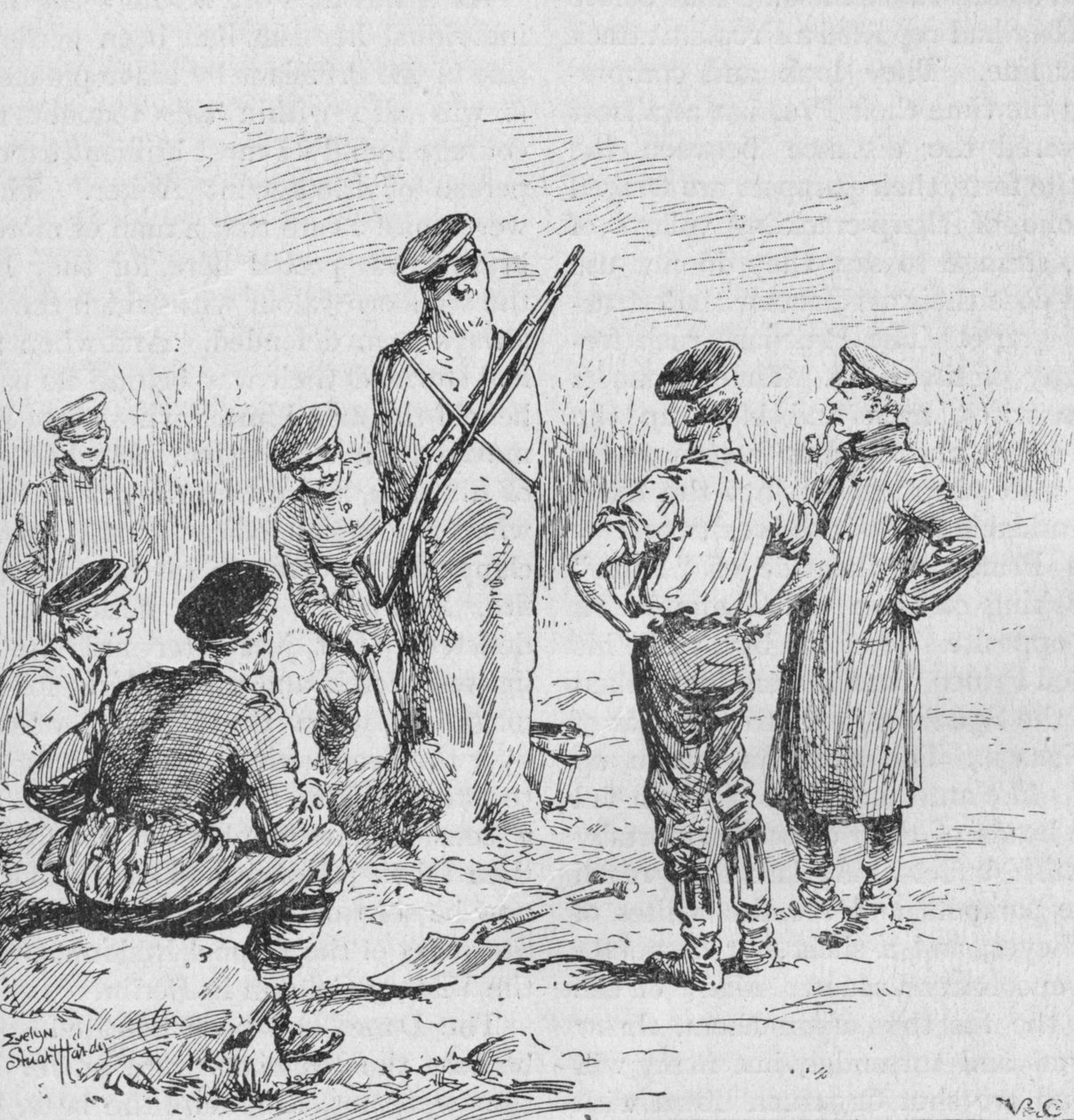 Saksalaiset sotilaat tekevät vartijoita savesta, 1902 tekijältä Evelyn Stuart Hardy