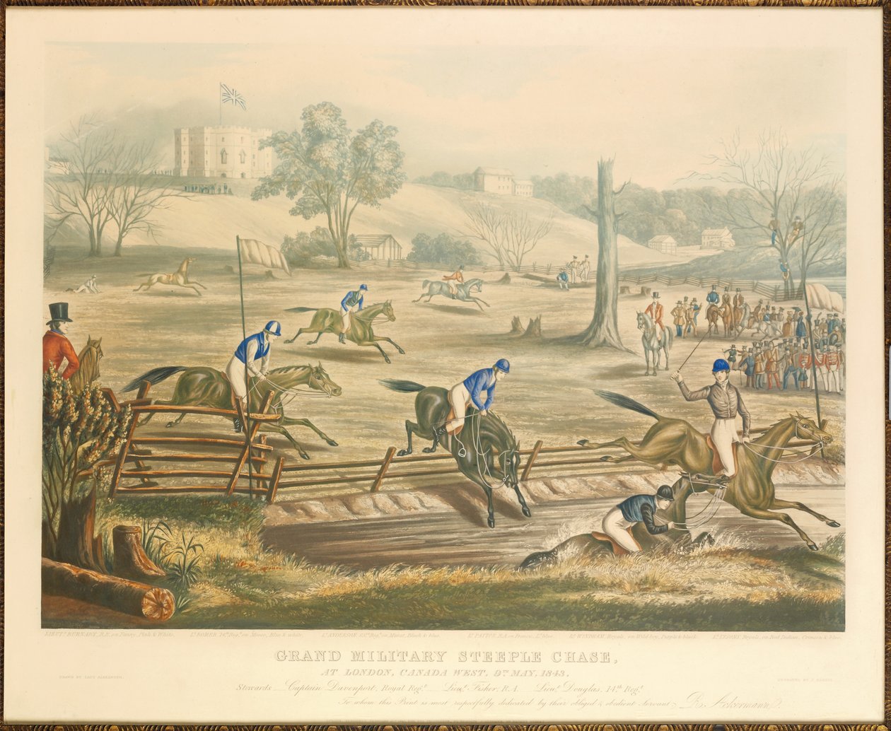 Grand Military Steeple Chase, Lontoossa, Kanadan länsiosassa, 9. toukokuuta 1843, kaiverrus J. Harris, 1845 tekijältä Evelyne Marie Alexander