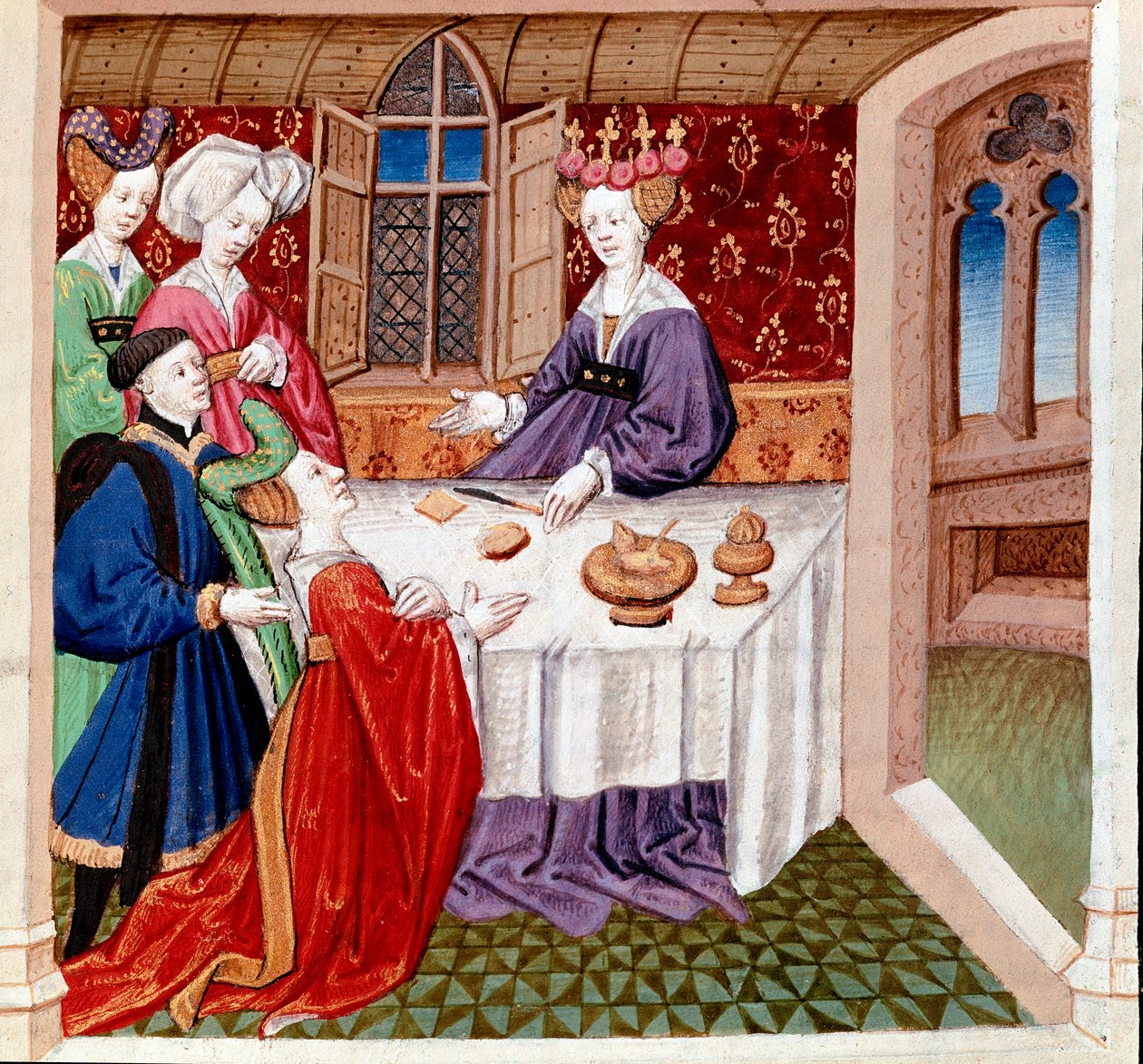 Iseult (tai Iseult) rukoilee pöydässä istuvan kuningatar Guenevren suojelusta. Miniatyyri, joka on otettu Gassien de Poitiersin teoksesta "Romaaninen du Chevalier Tristan et de la reine Yseult" ja valaisi Everard de Espinques (Evrard d