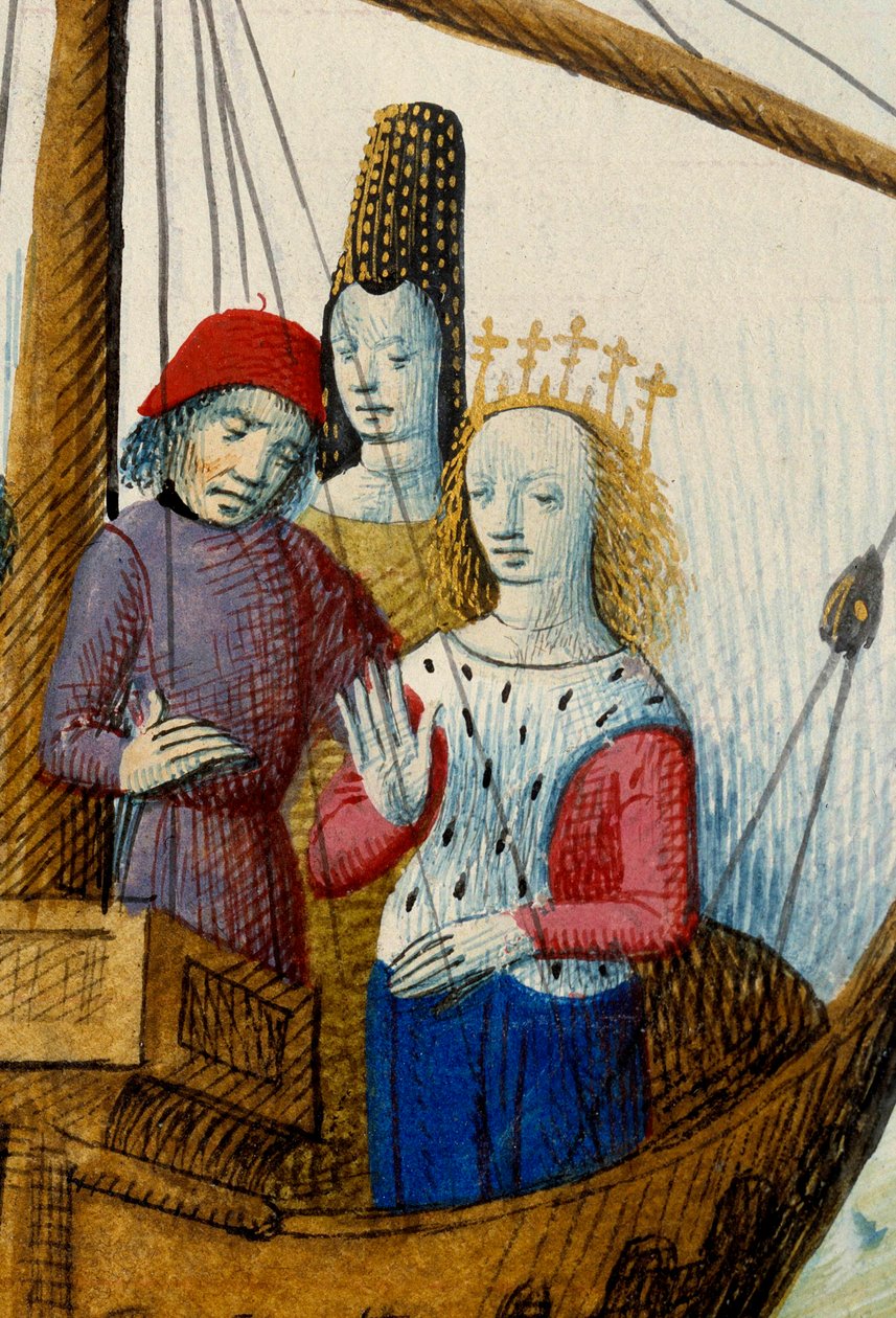 Tristanin kuningatar Iseult (Iseult) ja he lähtivät Logresin valtakuntaan. Miniatyyri otettu Gassien de Poitiersin "romaanisesta du Chevalier Tristanista ja kuningatar Yseultista" Everard de Espinquesin (Evrard d