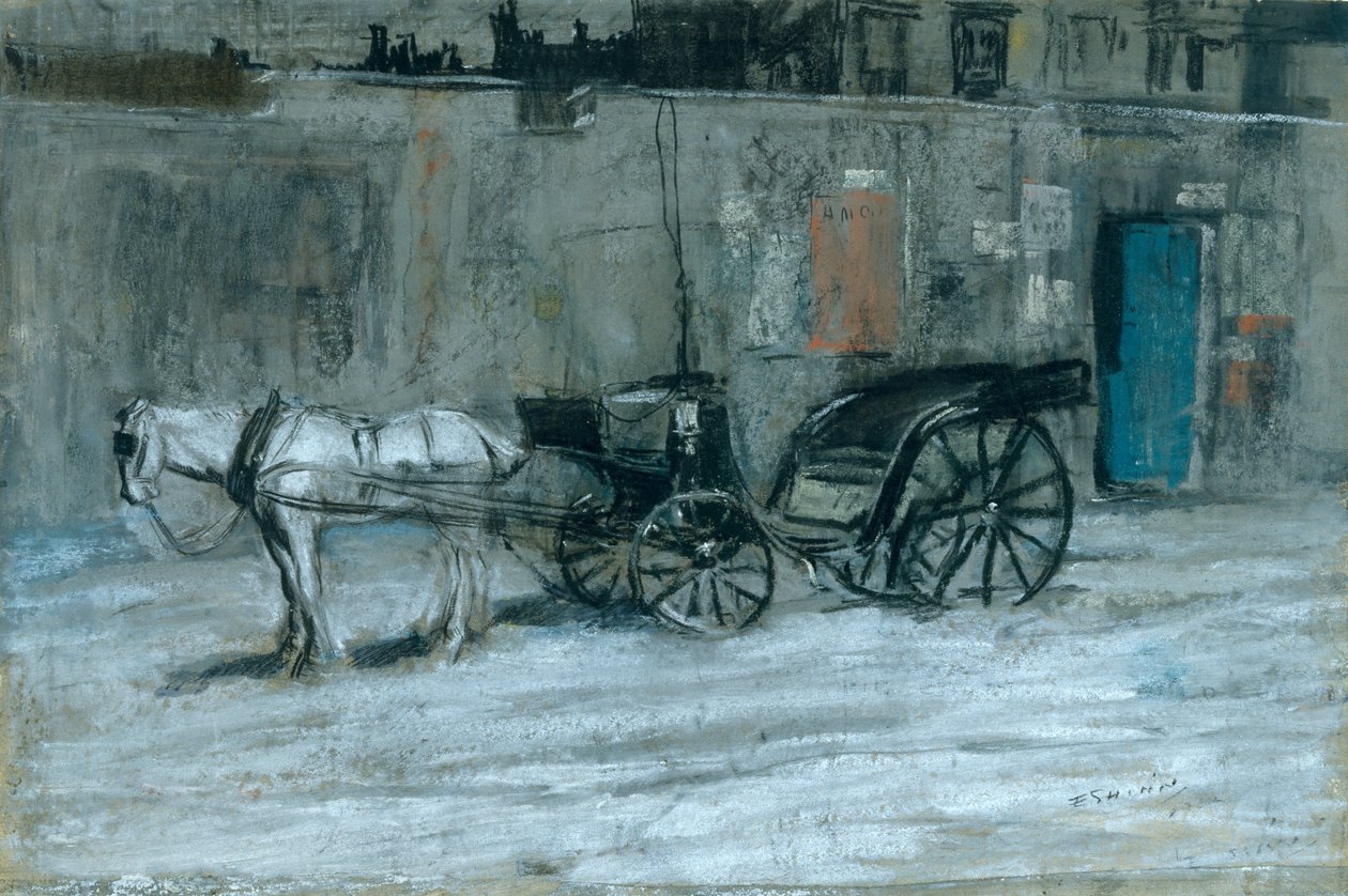 Pariisi, hevonen ja vaunut, noin 1900-05 (hiili, liitu ja pastelli kartongille). tekijältä Everett Shinn