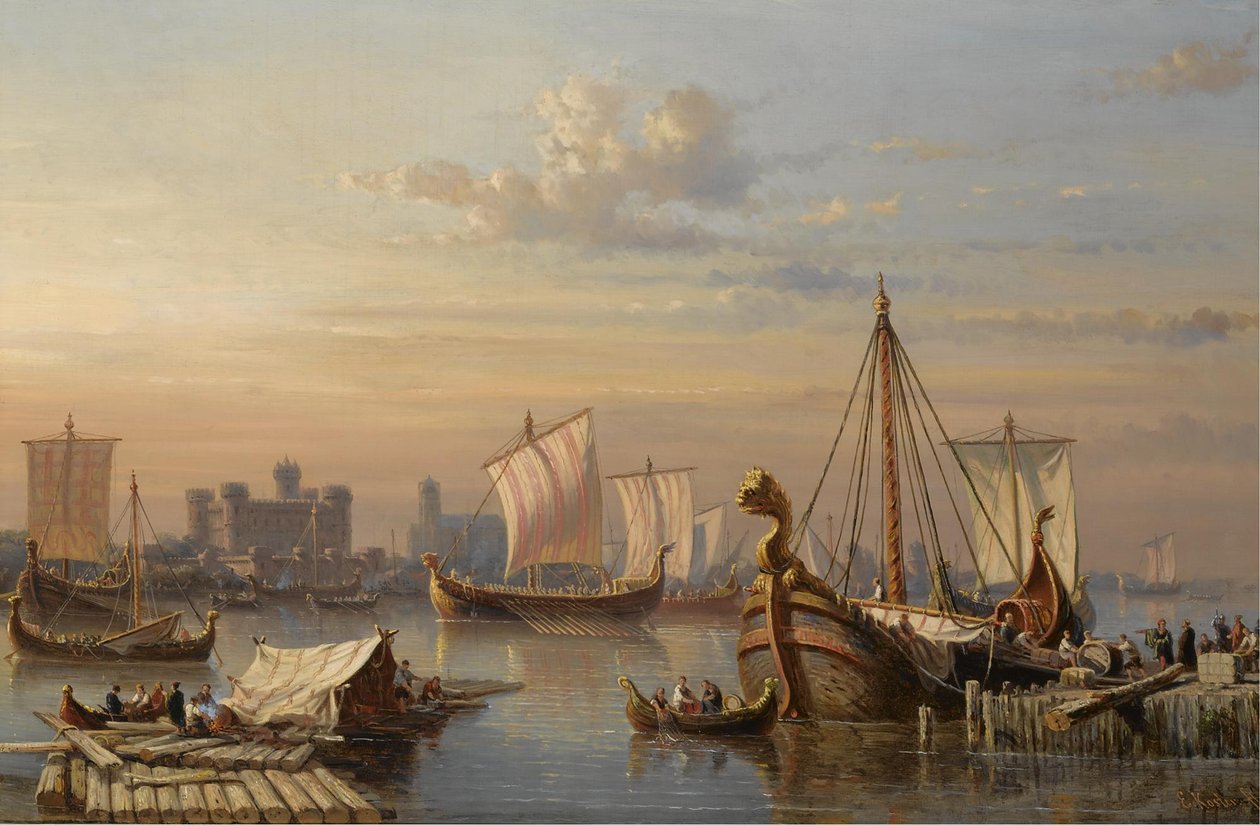 Viikinkilaivoja Thames-joella, 1800-luvun puoliväli tekijältä Everhardus Koster