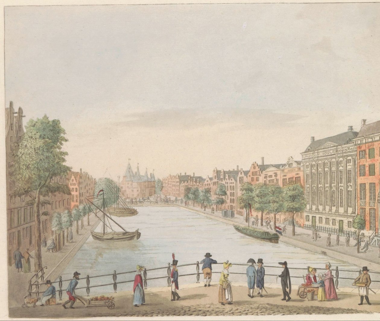 Kloveniersburgwal Amsterdamissa, noin 1810-1813 Vue du Kloveniers Burgwal et de la Maison de Trip, du High Street au Marché Neuf (otsikko esineessä) tekijältä Evert Maaskamp