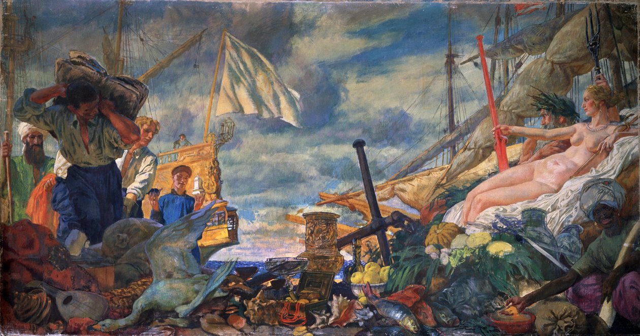 Allegoria kansainvälisestä kaupasta. Evgeny Evgenyevich Lanceray (Eugene Lansere) maalaus (1875-1946), öljy kankaalle. Venäläistä taidetta 1800-luvun loppu - 1900-luvun alku. Valtion Tretjakovin galleria, Moskova. tekijältä Evgeni Evgenievitch Lanceray
