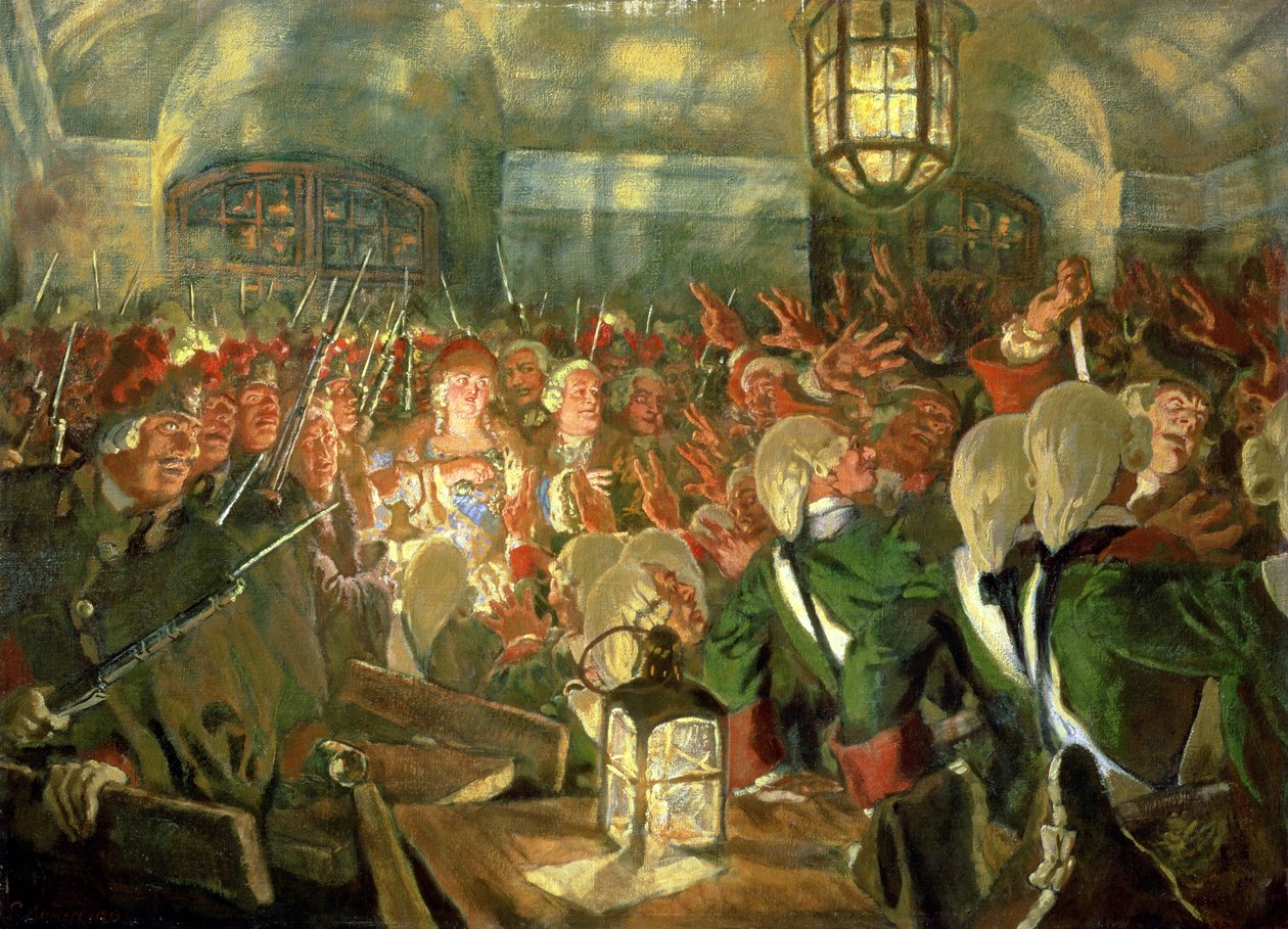 Suurherttuatar Elisabet vartijoiden kanssa vuoden 1741 vallankaappauksen aikana tekijältä Evgeni Evgenievitch Lanceray