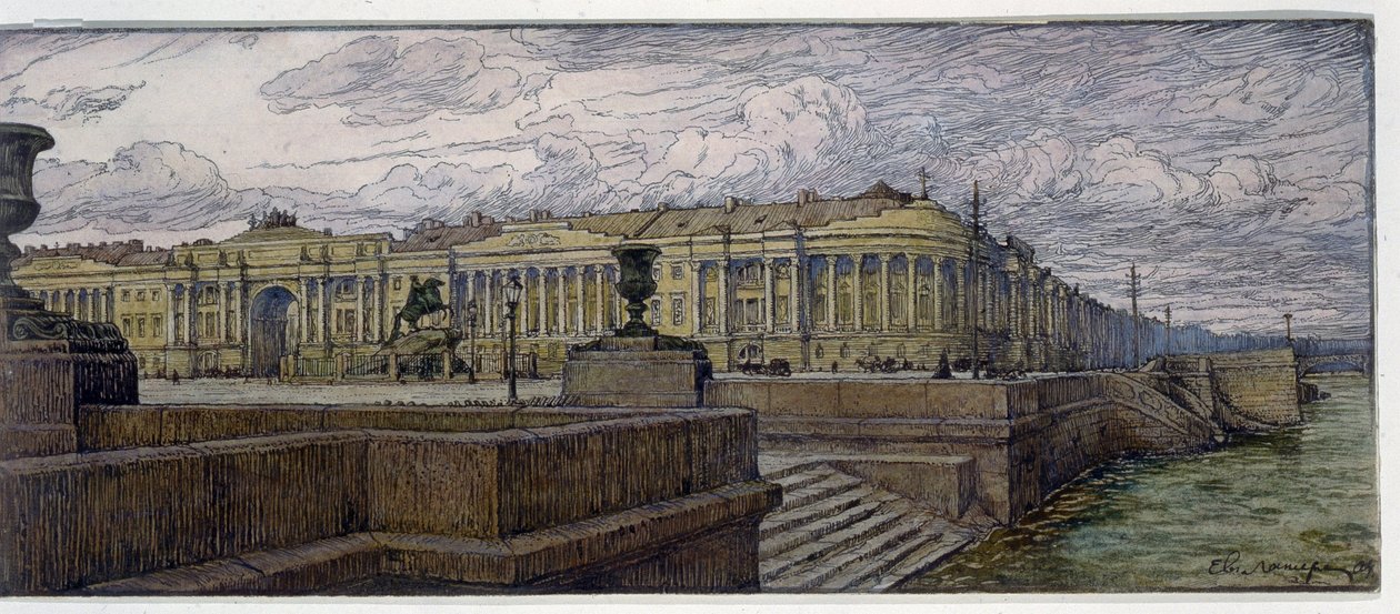 Senaattipaikka Pietarissa. Kuvaus rakennuksista Nevan rannalla. Jevgeni Evgenyevich Lanceray (Eugene Lansere) (1875-1946) työ, litografia tekijältä Evgeni Evgenievitch Lanceray