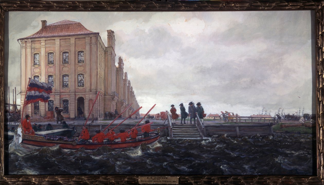 Pietari 1700-luvun alussa. 12 korkeakoulun rakennus. (Pietari 1700-luvun alussa. The Twelve Collegia Building). Kuvaus laiturista Nevalla, yliopiston edustalla, jossa miehet odottavat veneen saapumista m tekijältä Evgeni Evgenievitch Lanceray
