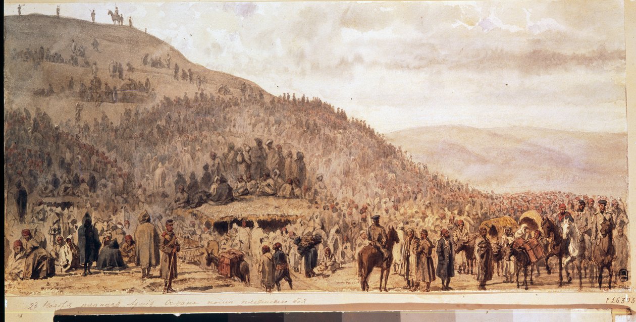 Osman Pashan (1837-1900) armeijan vankeus Plevenissä (Plevna) (Bulgaria). (Osman Pashan armeijan vankeus Plevenissä). Episodi Venäjän ja Turkin sodasta (1877-1878). Jevgeni Kirillovitš Makarovin (1842-1884) työ, akvarelli paperille tekijältä Evgeni Kirillovich Makarov