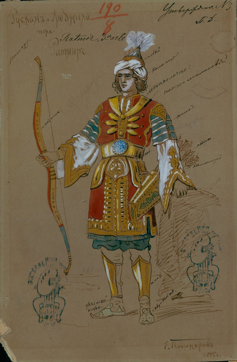 Pukusuunnittelu M. Glinkan oopperaan Ruslan ja Ljudmila, 1885 tekijältä Evgeni Petrovich Ponomarev