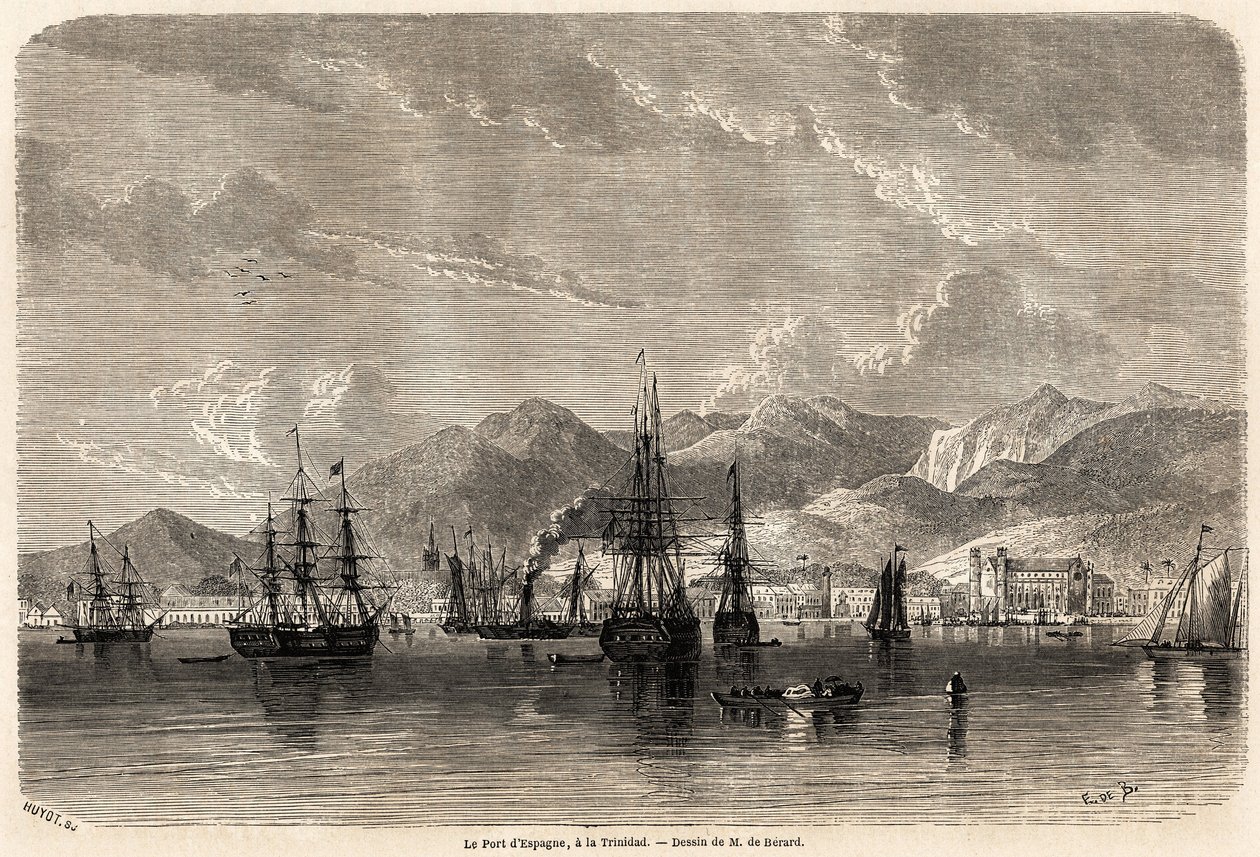 Espanjan satama Trinidadissa (Trinidad ja Tobago), Evremond Auguste de Berardin (1824-1881) piirustus kuvaamaan Anthony Trollopen (1815-1882) matkoja Länsi-Intiaan vuosina 1858-1859. Kaiverrus "" Le tour du monde, nouveau journal des voya tekijältä Evremond de (after) Berard