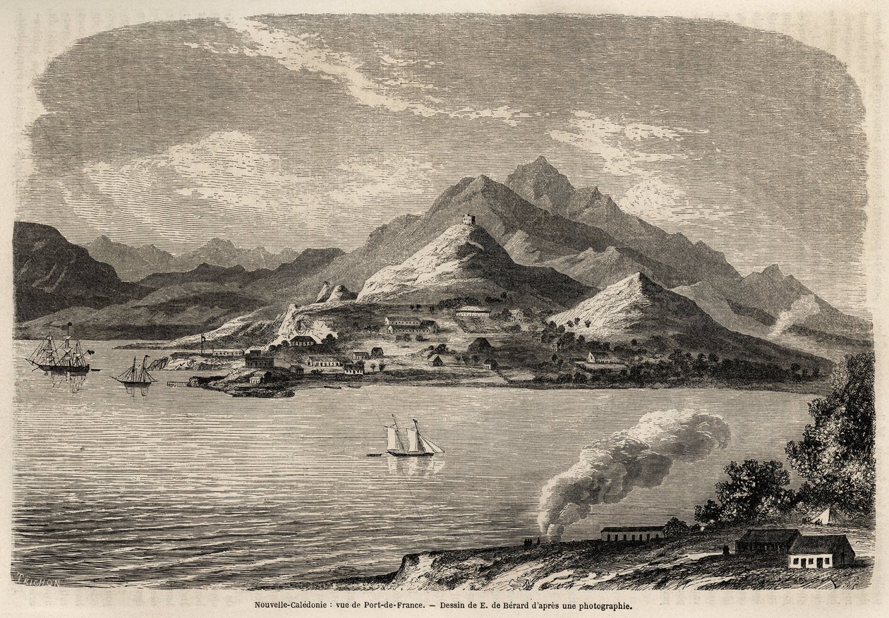 Näkymä Ranskan satamasta, Uudesta Kaledoniasta, piirustus Evremont de Berard (1824-1881), havainnollistamaan Victor de Rochasin matkaa Uuteen-Kaledoniaan vuonna 1859. Kaiverrus "" Le tour du monde"" 1861. Selvan kokoelma. tekijältä Evremond de (after) Berard