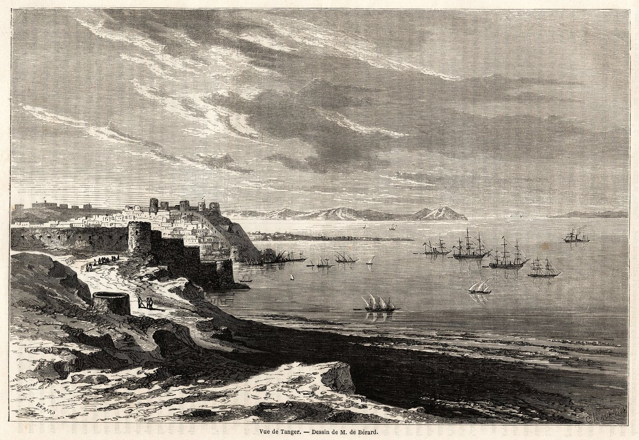 Näkymä Tangerista (Marokko), Evremond de Berardin (1824-1881) piirustus havainnollistamaan M.F.Schicklerin matkamuistiinpanoja Marokkoon. Kaiverrus "" Le tour du monde, nouveau journal des voyages"" Paris tekijältä Evremond de (after) Berard