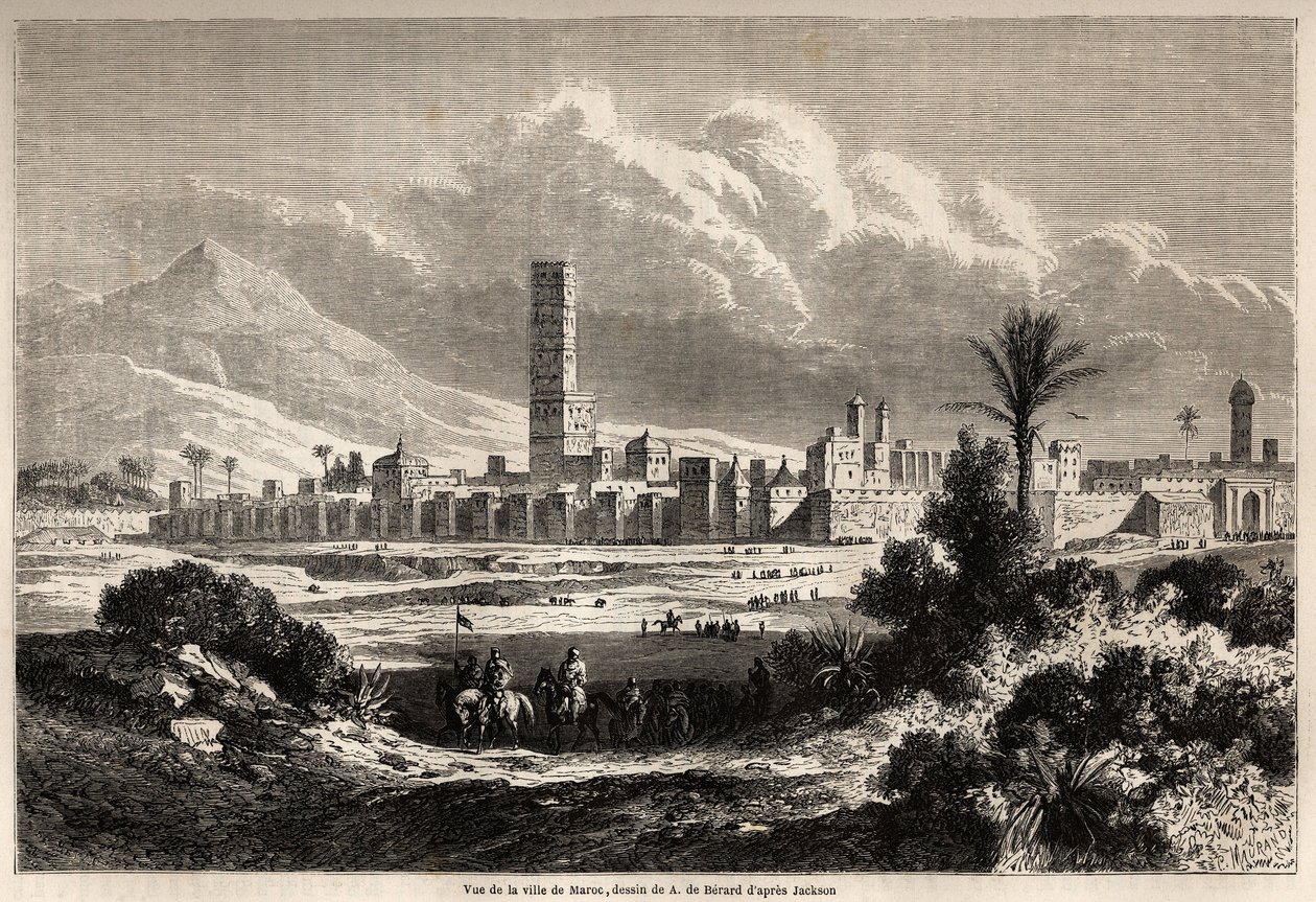 Näkymä Marrakechin kaupungista (entinen Marokko), Auguste de Berardin (1824-1881) piirustus havainnollistamaan Mr.F. Schicklerin matka Marokkoon vuonna 1860. Kaiverrus "" Le tour du monde, nouveau journal des voyages" Paris tekijältä Evremond de (after) Berard