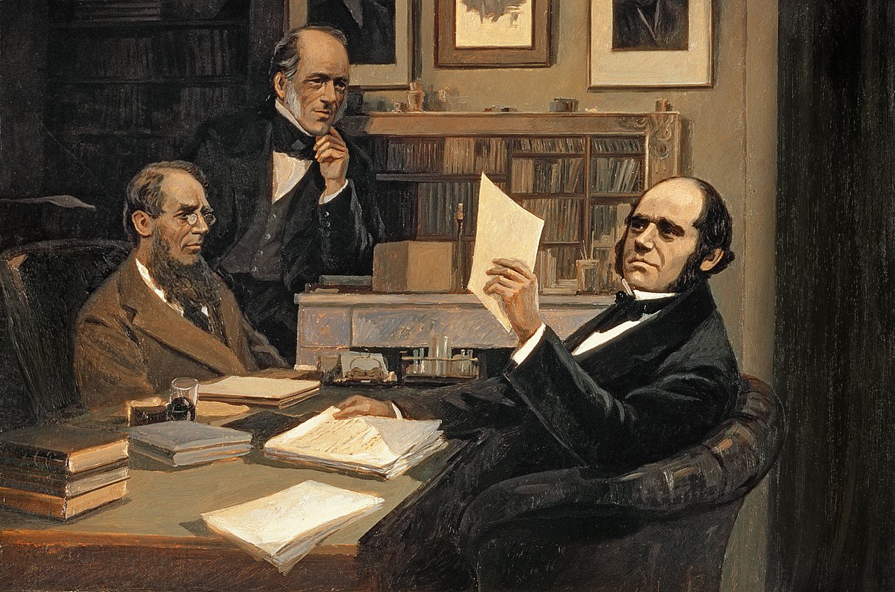 Joseph Hooker (1817-1911), Charles Lyell (1797-1875) ja Charles Robert Darwin (1809-82) tekijältä Evstafieff