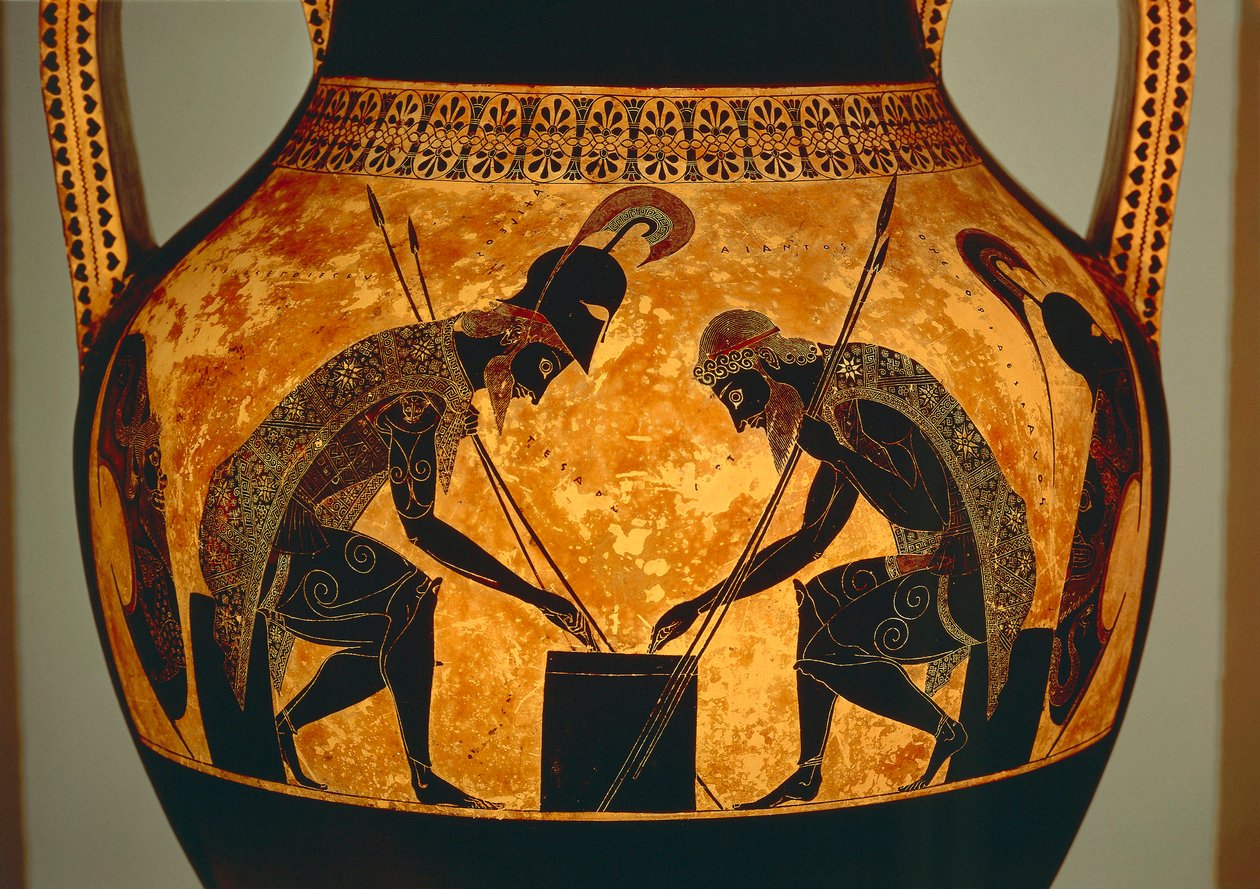 Ullakkomustahahmoinen amfora, joka kuvaa Akhilleusta ja Ajaxia pelaamassa noppaa, Vulcista, n. 540-530 eKr. (keraaminen) (yksityiskohta) tekijältä Exekias Exekias
