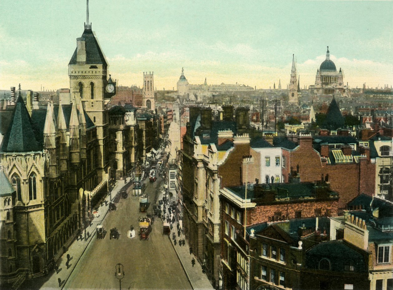 Näkymä St. Clement Danesilta näyttää oikeusistuimia, 1900-luku. tekijältä Eyre and Spottiswoode