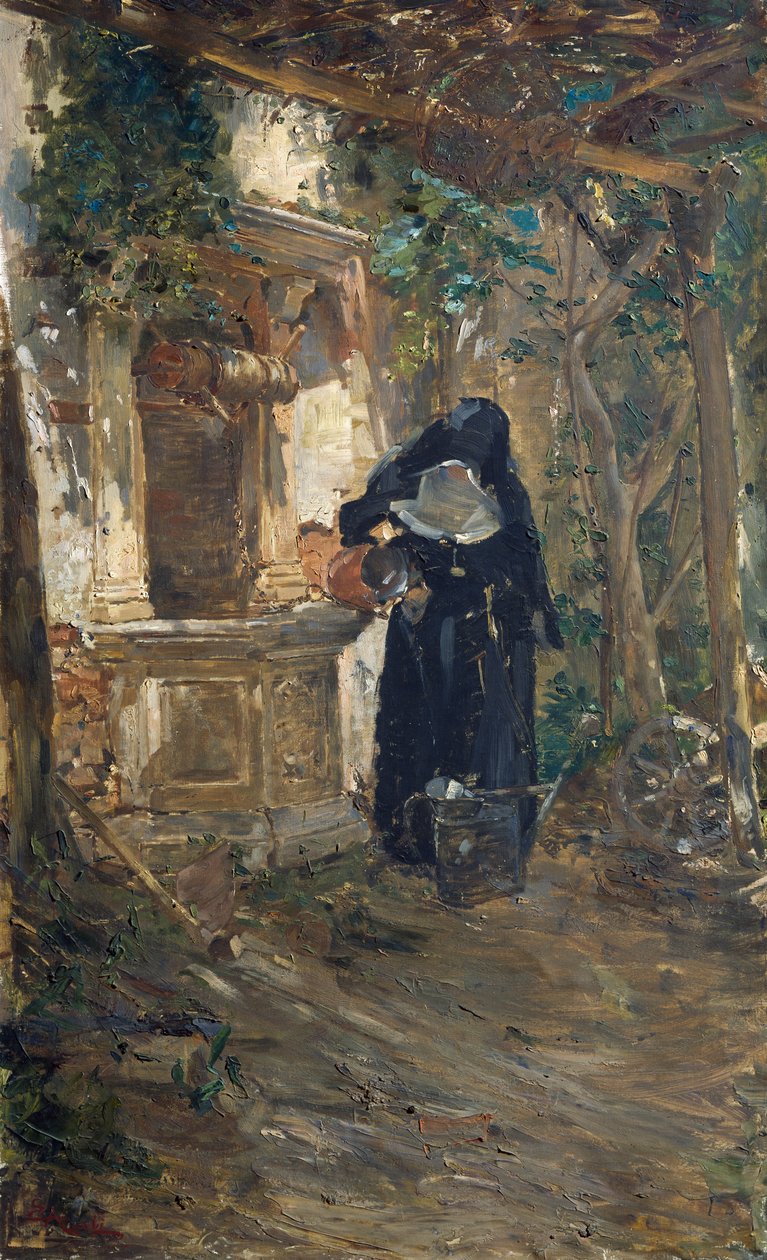 Nun at well, tekijä Ezechiele Acerbi (1850-1920), öljy kankaalle, 92,5x57,5 cm tekijältä Ezechiele Acerbi