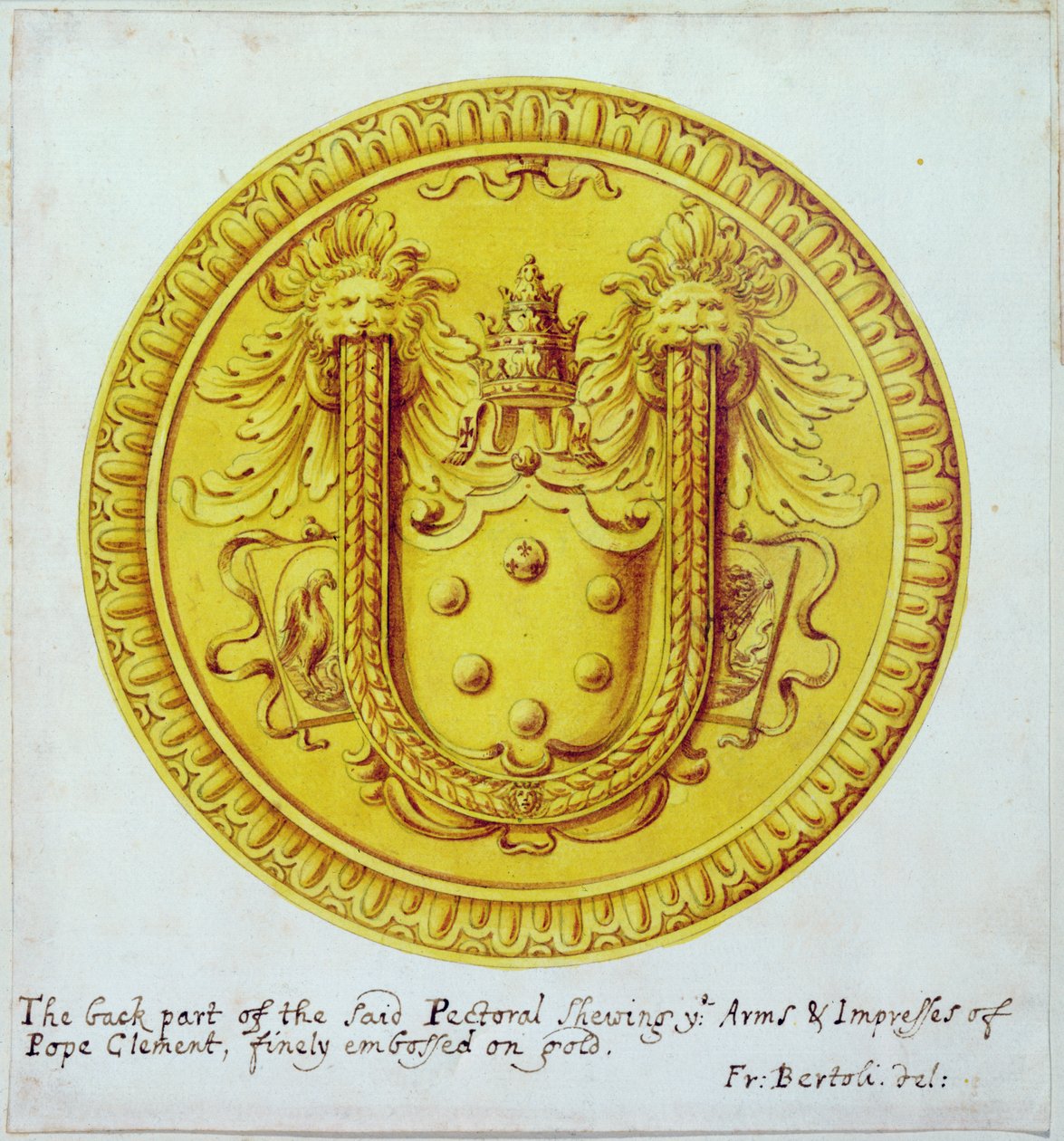 Takakuva kultaisesta rintakoristeesta ja jalokivistä, jotka Cellini on valmistanut paavi Clement VII:lle n. 1523-34, 1729 tekijältä F. Bertoli