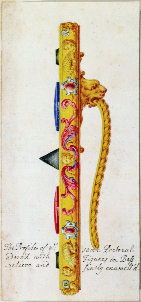 Sivukuva kultaisesta rintakoristeesta ja jalokivistä, jotka Cellini teki paavi Klemens VII:lle n. 1523–1534 (yksityiskohta vuodelta 18061) tekijältä F. Bertoli