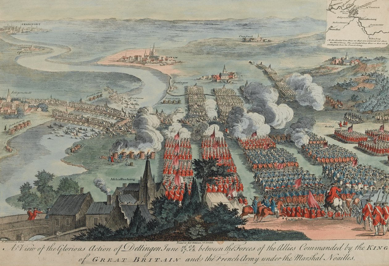 Näkymä Dettingenin loistavasta toiminnasta, 16.-27. kesäkuuta 1743, kaiverrus I. Pano, julkaisija Robert Wilkinson, Lontoo, 1743 tekijältä F. Daremberg