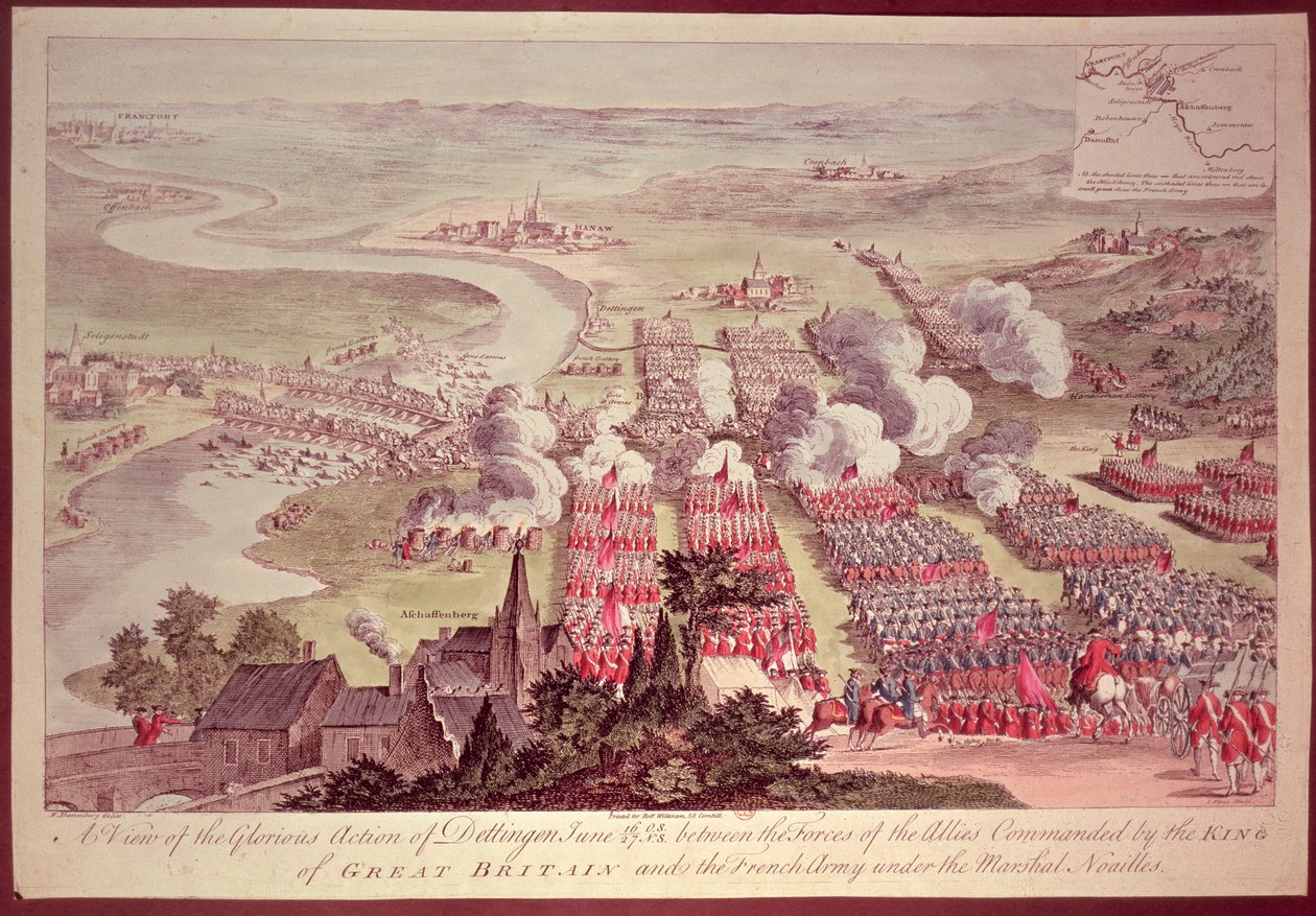 Näkymä Dettingenin loistavasta toiminnasta, 16.-27.6.1743, Ison-Britannian kuninkaan komentamien liittoutuneiden joukkojen ja Ranskan armeijan välillä marsalkka Noaillesin (1678-1766) johdolla, kaiverrus tekijältä F. Daremberg