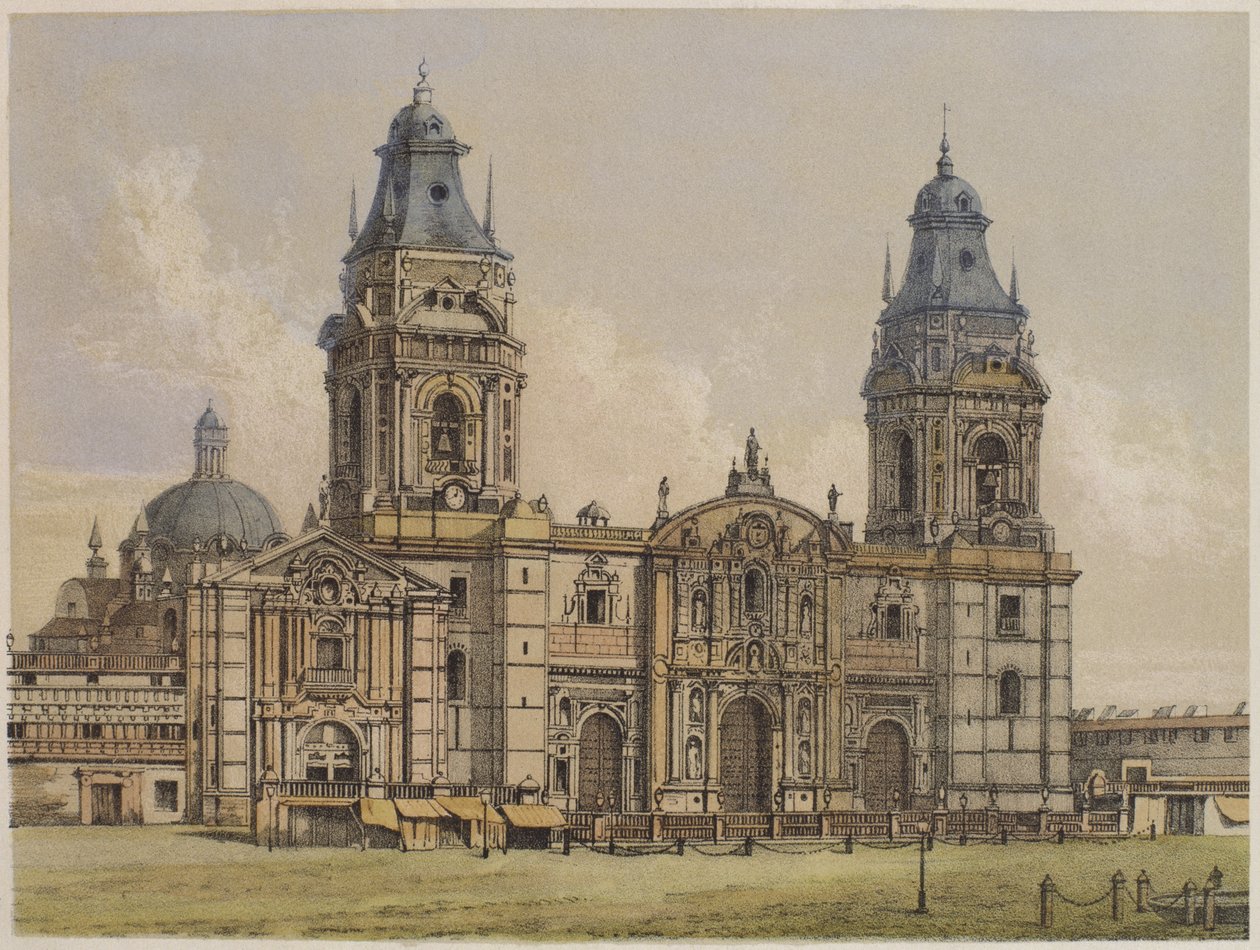 Liman katedraali, kuvitus teoksesta "Geografia del Peru", Mariano, Felipe Paz Soldan (1821-86) 1863 tekijältä F. Delamare