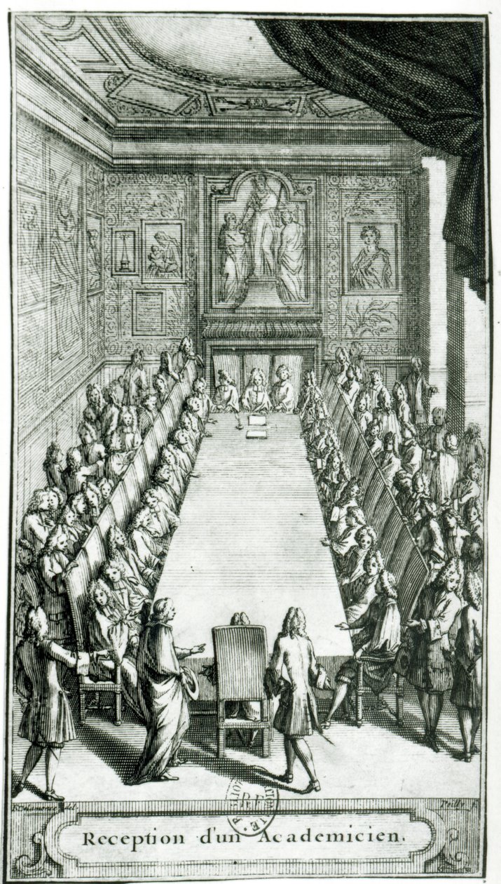 Ranskan akatemian jäsenen vastaanotto, kaiverrus Francois Poilly (1622-83) tekijältä F. Delamonce