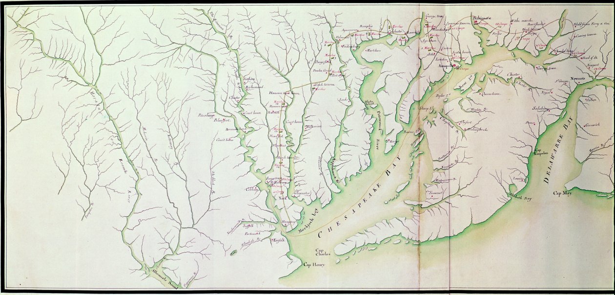 Yleinen kartta leireistä ja armeijan marssista Amerikassa Rochambeaun käskystä, yksityiskohta vasemmasta, Guerre de lAmeriquesta, n. 1780-81 värikaiverrus katso myös 440787 tekijältä F. Dubourg