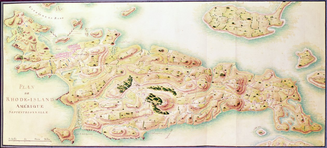 Rhode Islandin kartta, "American War", n. 1780-1781 (värikaiverrus) tekijältä F. Dubourg