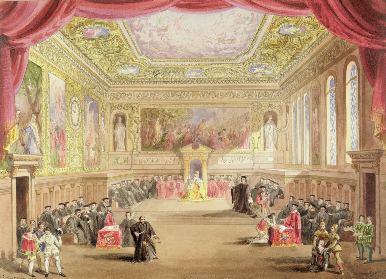 Oikeudenkäynti, IV näytös, kohtaus I Charles Keanin tuotannosta "Venetsialainen kauppias", Princess Theatre, Lontoo, 12. kesäkuuta 1858 (akvarelli paperille) tekijältä F. Lloyds