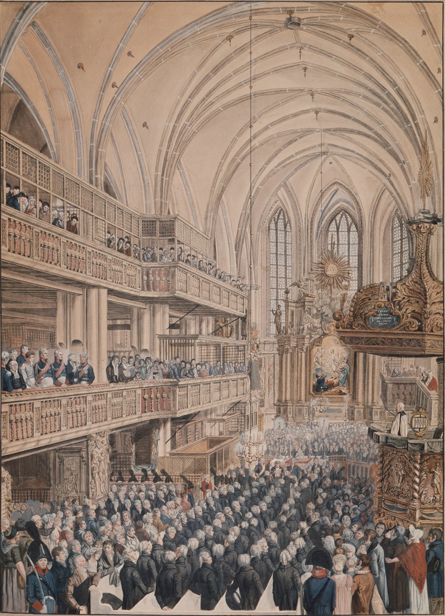 Kaupunginvaltuutettujen virkaanastujaiset Pyhän Nikolauksen kirkossa, 1808 (kynä ja muste ja wc paperilla) tekijältä F.A. Calau