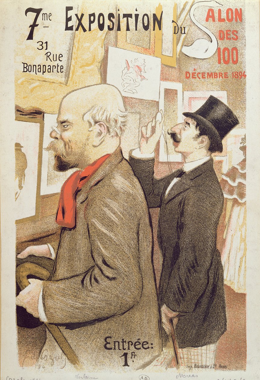 Juliste, joka mainostaa Salon des 100:n 7. näyttelyä, kuvaa Paul Verlainea (1844-96) ja Jean Moreasia (1856-1910) Salon des 100:ssa, 1894 tekijältä F.A. Cazals