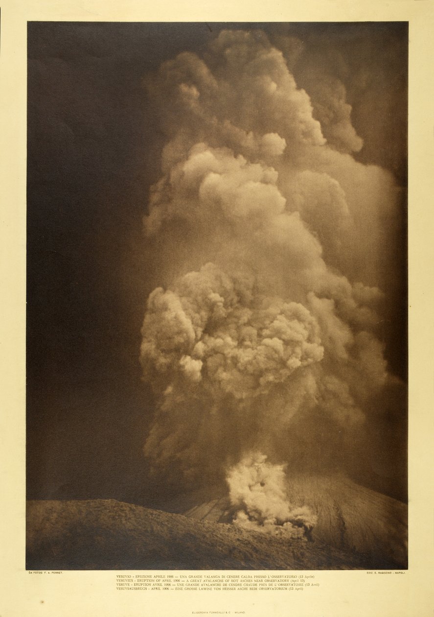 Vesuvius - Suuri kuuman tuhkan lumivyöry lähellä observatoriota, 13. huhtikuuta 1906 (bw kuva) tekijältä F.A. Perret