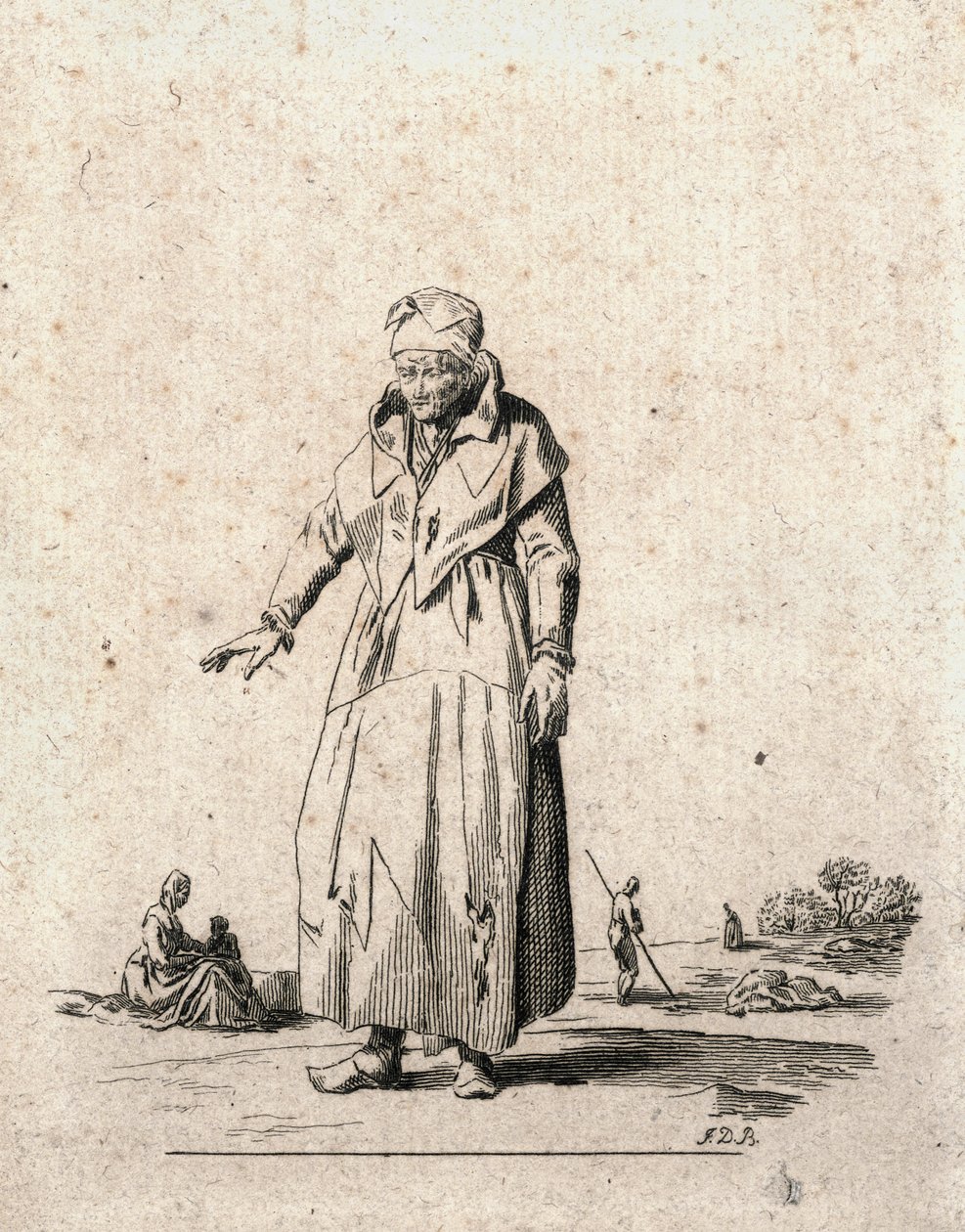 Talonpoikaisnainen (kaiverrus) tekijältä F.D.B. Monogrammist