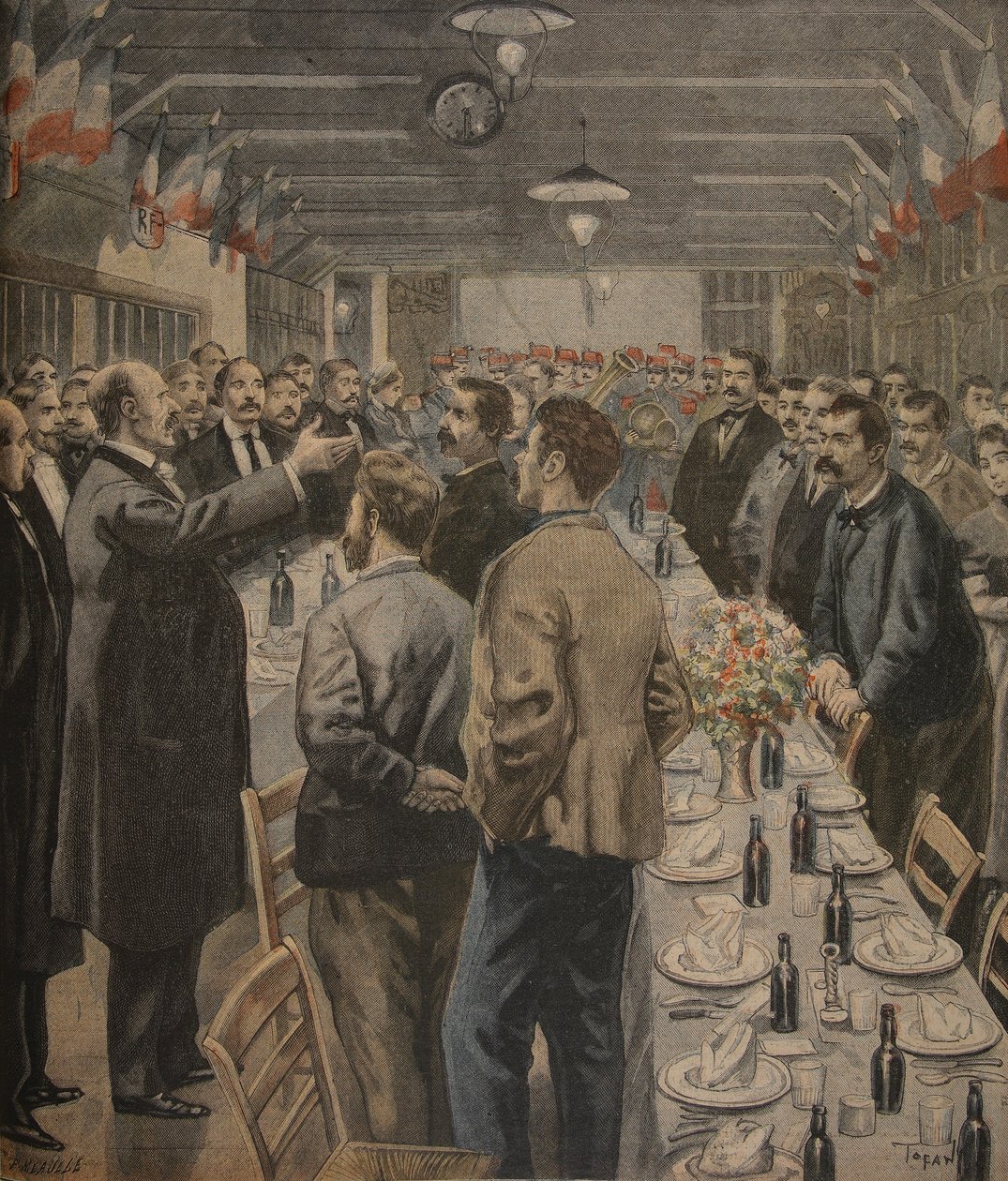Illalliset Exposition Universelle -näyttelyn työntekijöille, 1900, kuvitus julkaisusta "Le Petit Journal: Supplement illustre", 23. tammikuuta 1898 tekijältä F.L. and Tofani, Oswaldo Meaulle