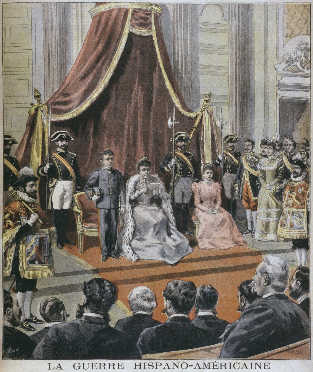 Espanjan ja Amerikan sota Espanjassa, kuningatar lukemassa viestiään Cortesille Madridissa, kuvitus "Le Petit Journalista", Supplement illustre, 8. toukokuuta 1898 tekijältä F.L. and Tofani, Oswaldo Meaulle