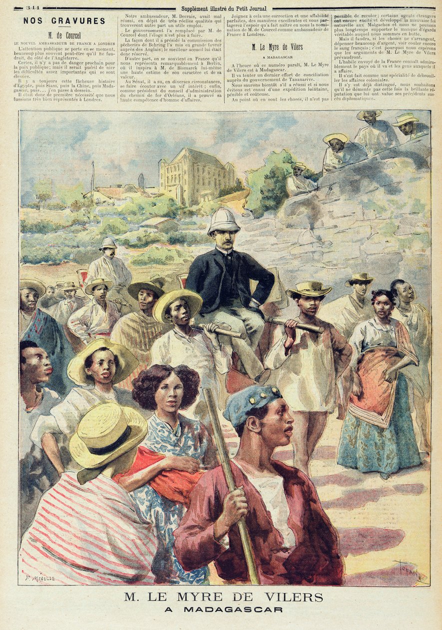 M. le Myre de Vilers Madagaskarilla, kuvitus "Le Petit Journalista", 22. lokakuuta 1894 (värinen kaiverrus) tekijältä F.L. and Tofani Oswaldo  Meaulle