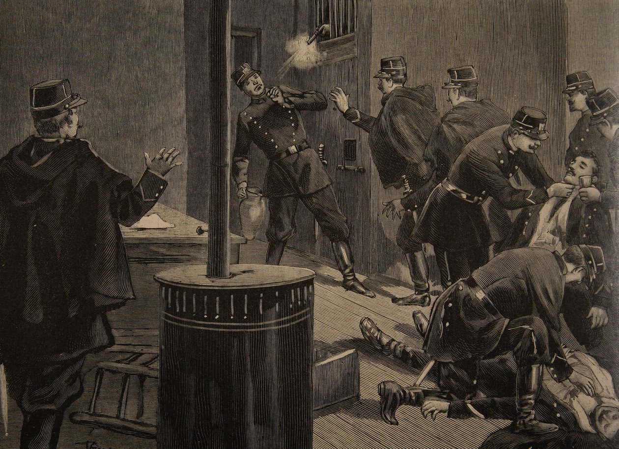 Etievant, anarkisti ampuu arinasta, kuvitus julkaisusta "Le Petit Journal: Supplement illustre", 30. tammikuuta 1898 tekijältä F.L. and Tofani, Oswaldo Meaulle