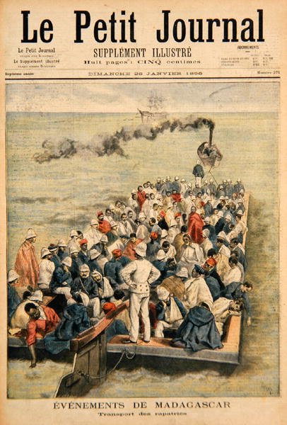 Tapahtumat Madagaskarilla: Ranskan joukkojen kotiuttaminen, kuva Le Petit Journalista, 20. tammikuuta 1896 (värikaiverrus) tekijältä F.L. and Tofani, Oswaldo Meaulle