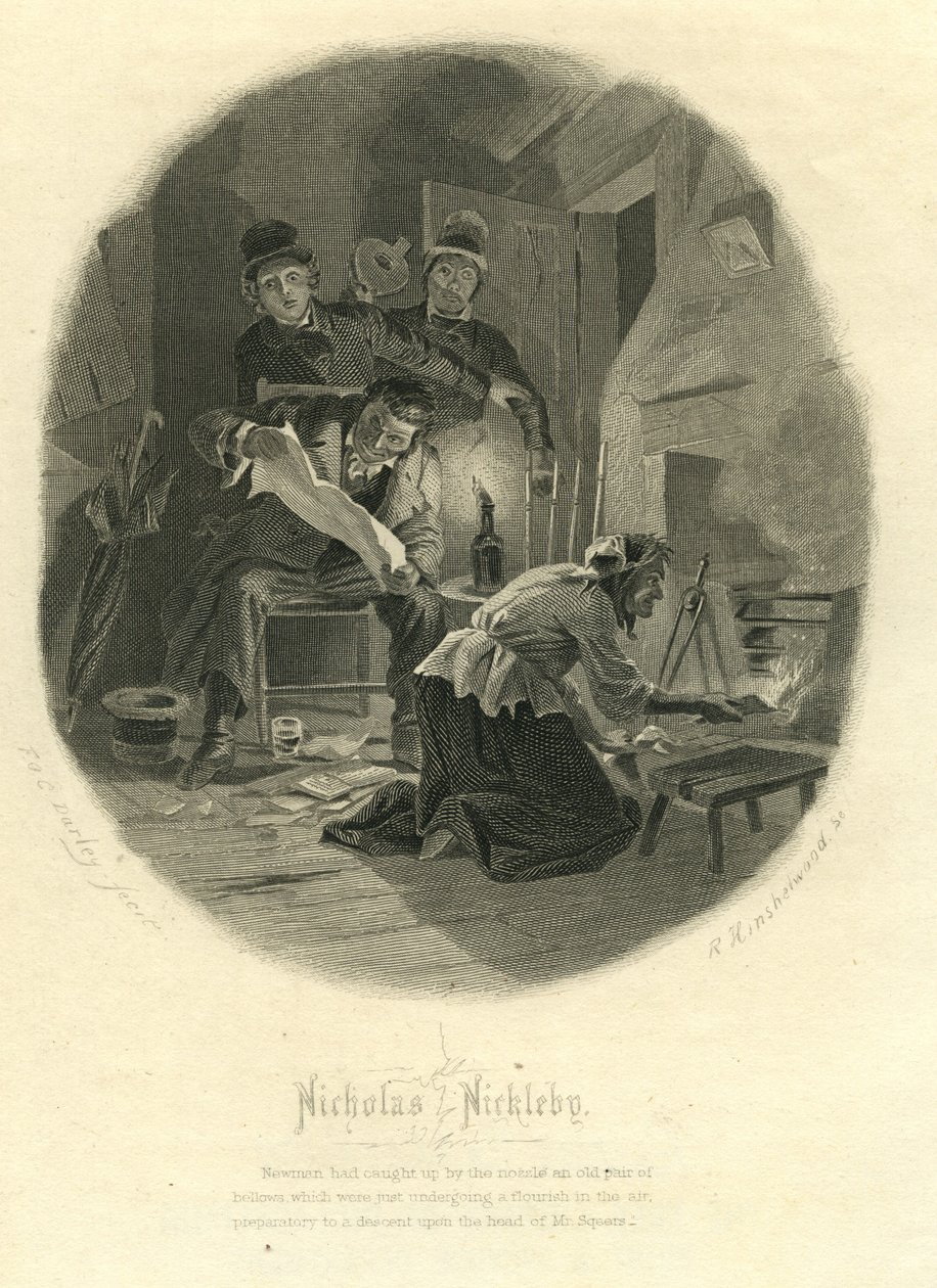 Nicholas Nickleby: Newman Noggs ja Wackford Squeers, 1867. tekijältä F.O.C. and McRae, C. John Darley