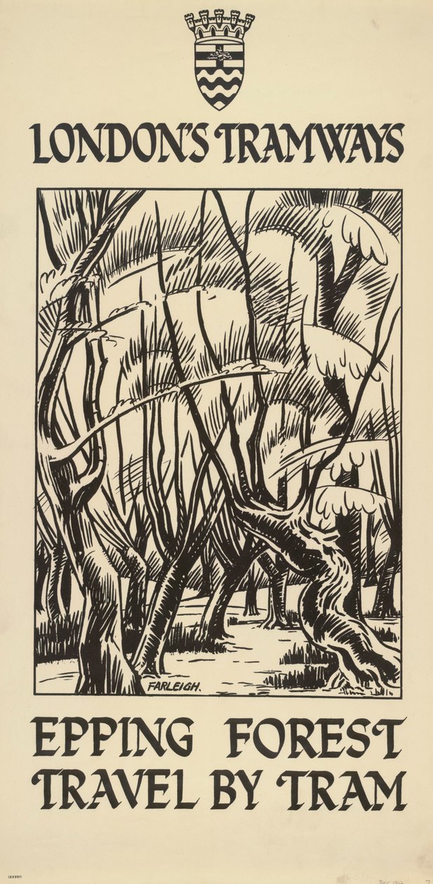 "Epping Forest, Travel by Tram", Lontoon kreivikuntaneuvoston LCC Tramways -juliste, 1922 tekijältä FW Farleigh