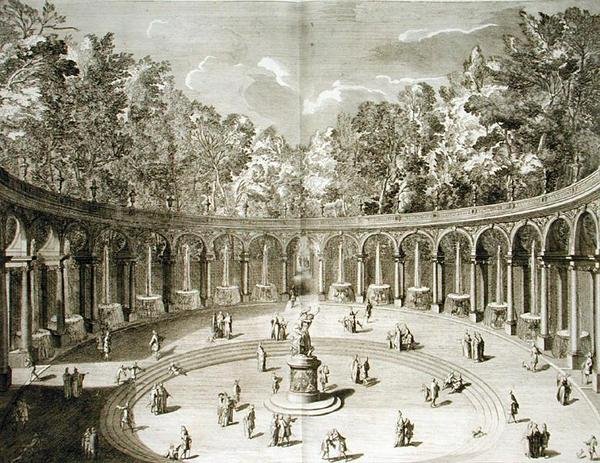 Pylväikkö, Versailles, teoksesta "Les Plans, Profils et Elevations des Ville et Chateau de Versailles", kaivertanut Gerard Jean-Baptiste Scotin (1671-1716), julkaistu noin 1715 (kaiverrus) tekijältä F. (after) Delamonce
