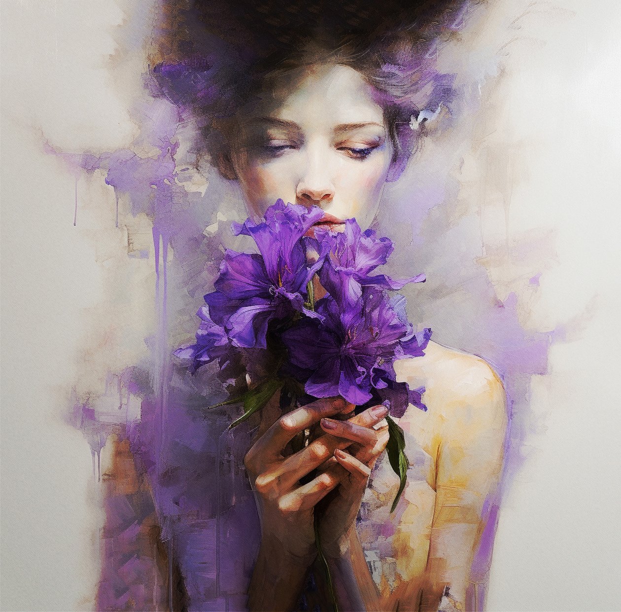 Kaunis nainen pukeutuu abstrakti violetti kukkia, Wall Art | Canvas Prints tekijältä F. Abderrahim