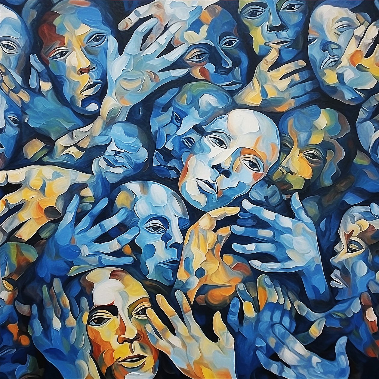 Joukko kasvoja kankaalle, Contemporary wall Art maalaus, tulosta pyynnöstä tekijältä F. Abderrahim