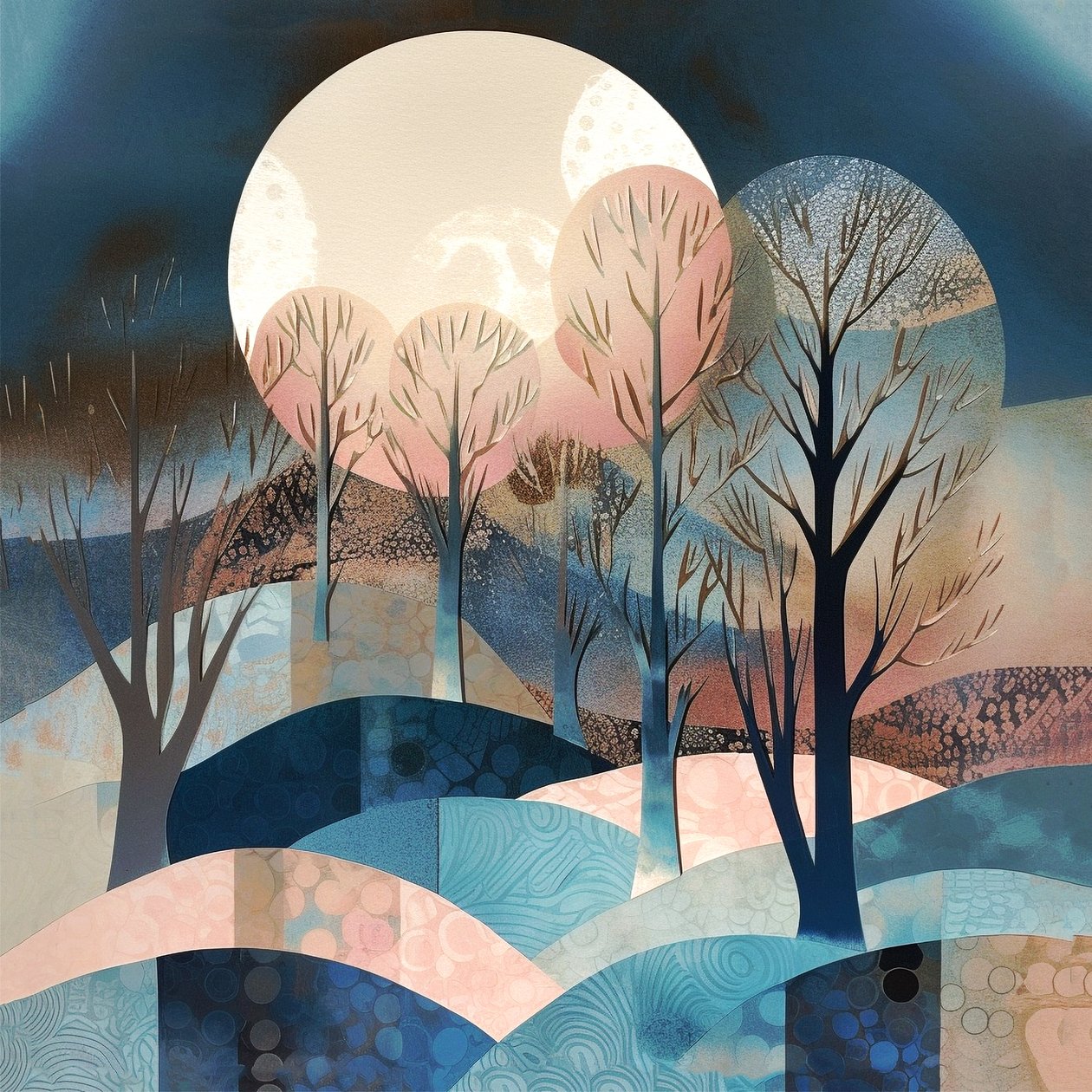 Abstrakti Moonglow maalaus, suuri kuu, sininen vaaleanpunainen kerma, seinä Art tulostaa tekijältä F. Abderrahim