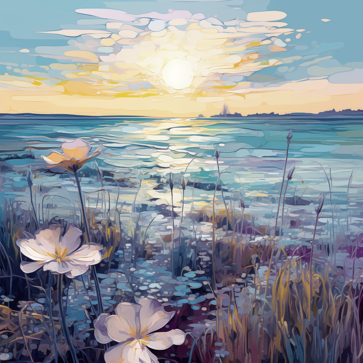 Abstrakti Purple Flowers in Blue Lake, Custom Wall Art Tulosteet, makuuhuoneen sisustus tekijältä F. Abderrahim