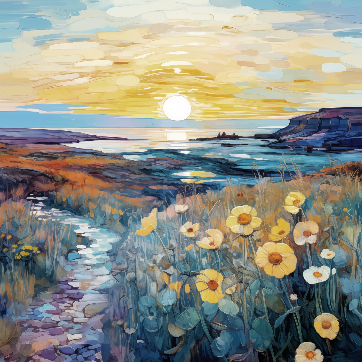 Abstrakti Purple Flowers auringonnousun maisema maalaus, Wall Art tulosteet tekijältä F. Abderrahim