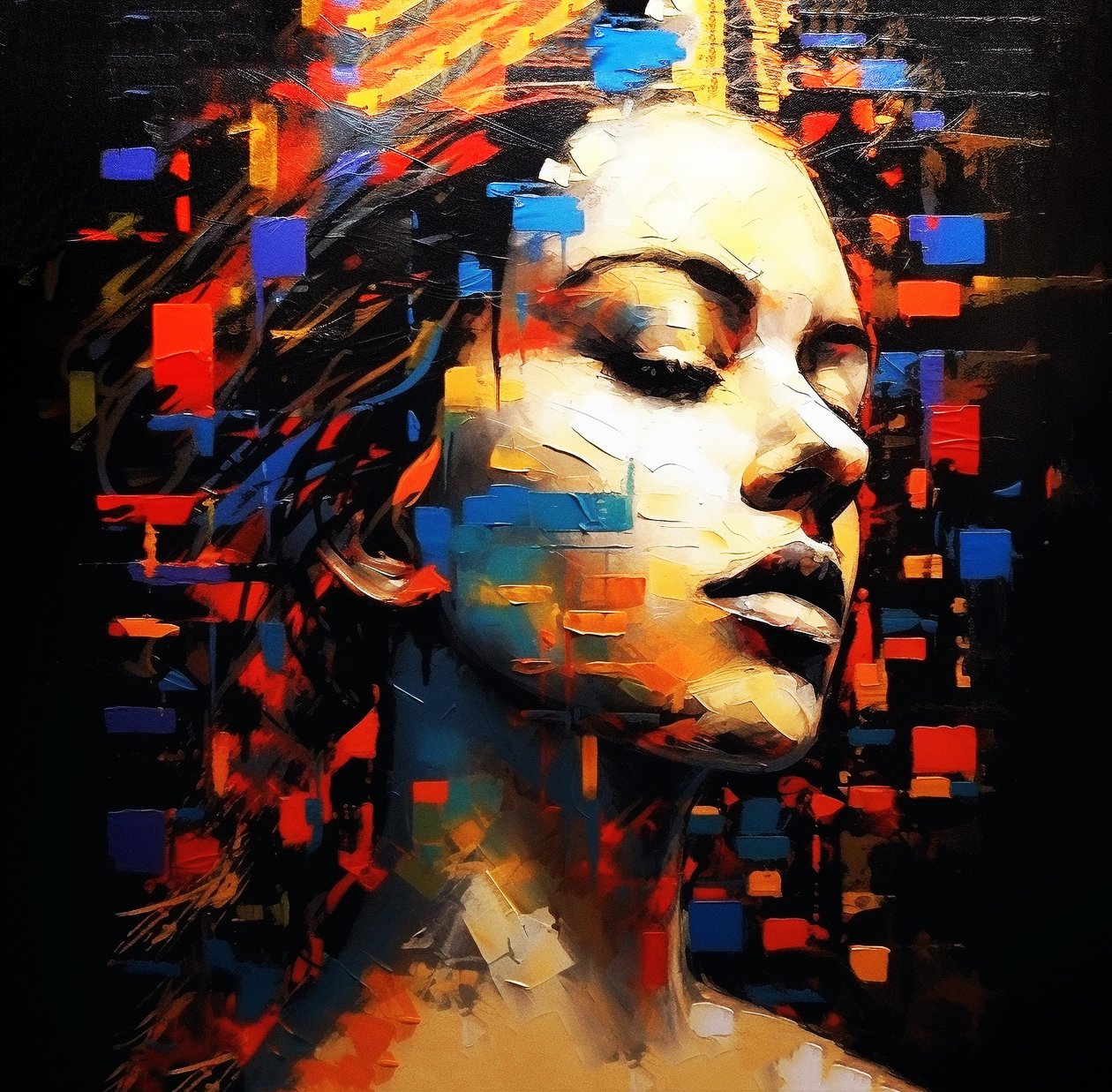 Abstrakti maalaus naisen muotokuva profiili musta tausta, Wall Art | Canvas Prints tekijältä F. Abderrahim